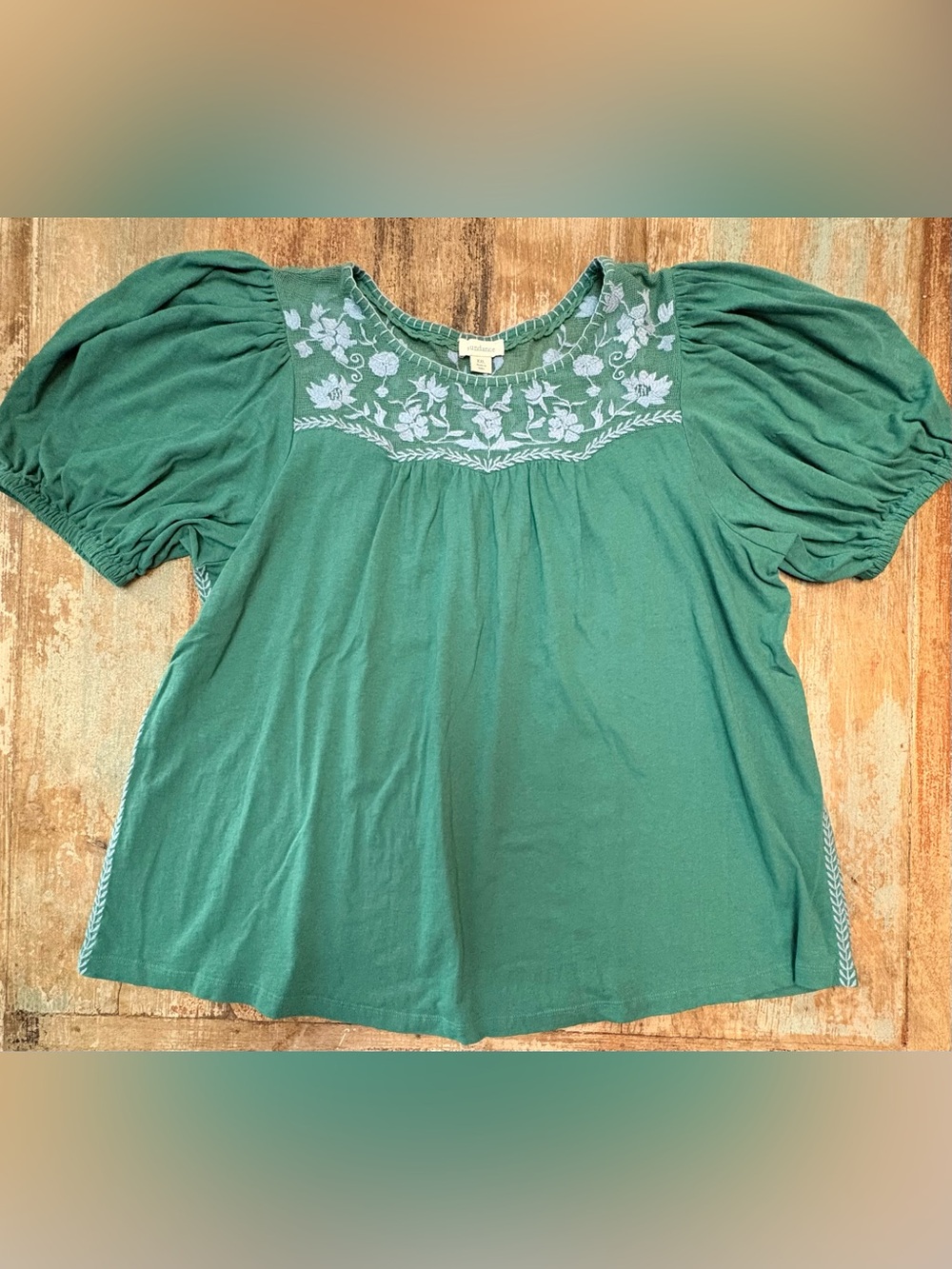 Sundance Teal Green Embroidered Puff-Sleeve Blouse
